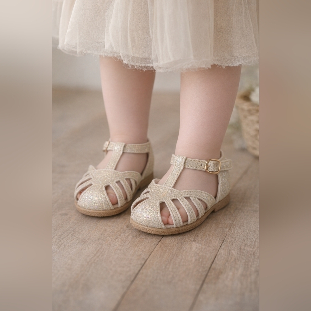 Monkey Feet Golden Pink Glitter Leather Kids Sandals - Gold